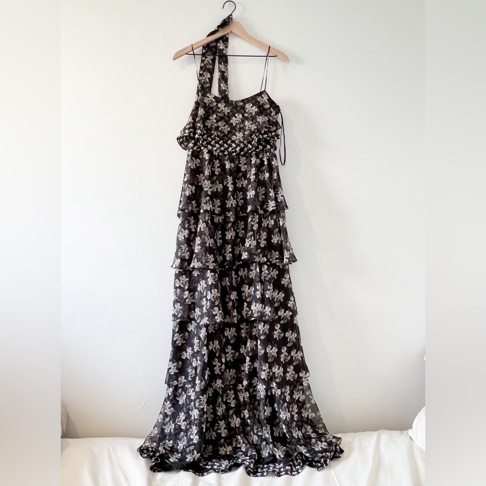NWT Jill Stuart Kiera floral ruffle tiered gown maxi dress black formal boho - Picture 8 of 12